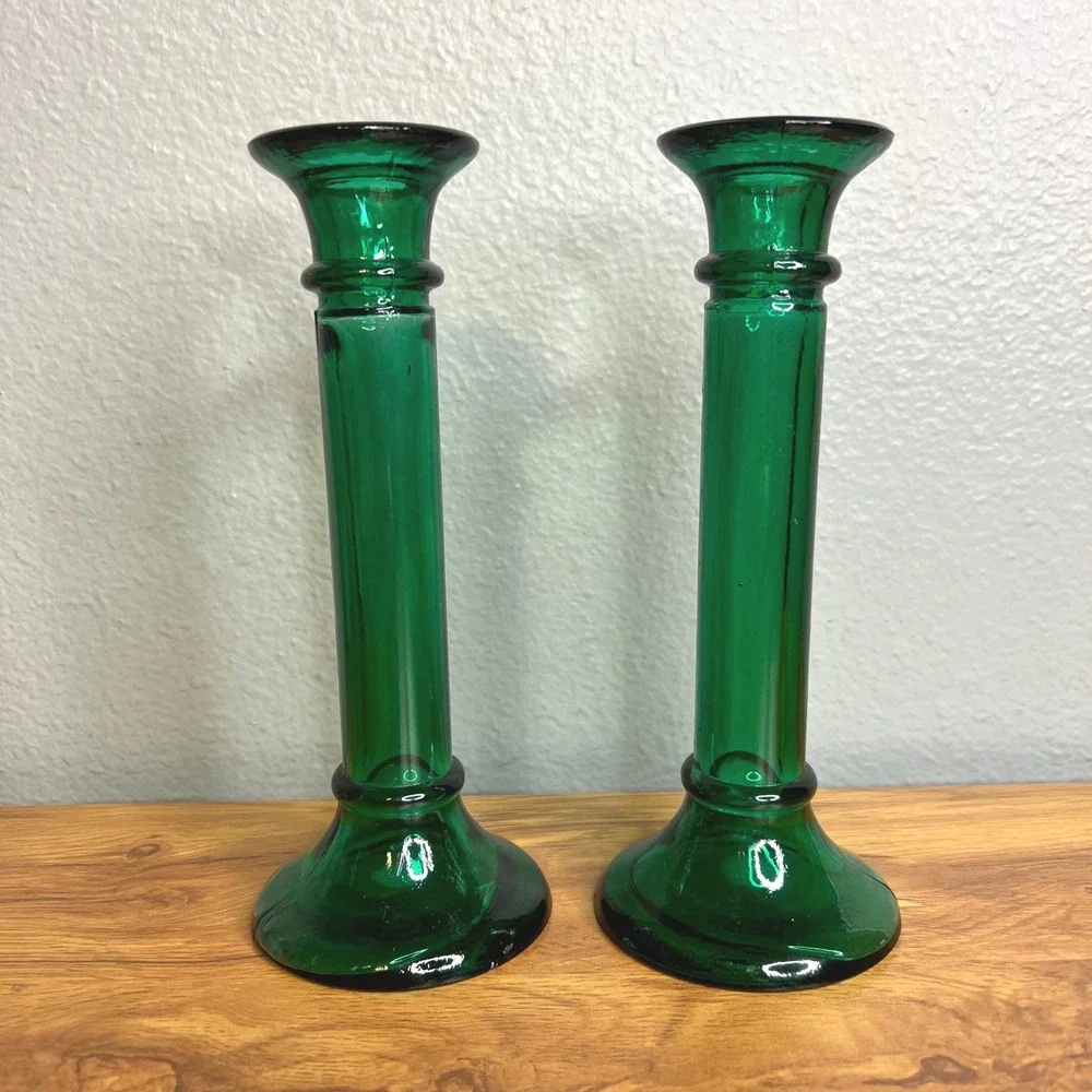 Vtg Recycled Glass Taper Candle Holders Sticks Set 2 Green Made in Spain 8‎ Inch